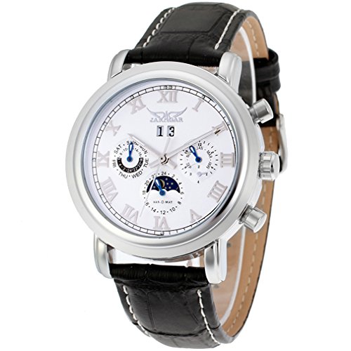 Forsining Silver Color Dial Casual Fashion Automatic Men Watch Moon Phase Black Genuine Leather Strap