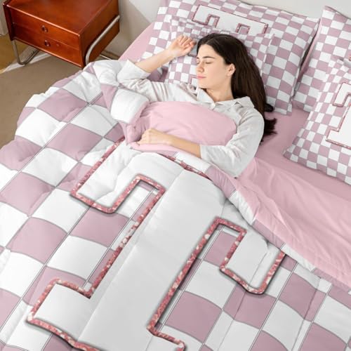 Image of Erosebridal Pink Initial T Queen Comforter Set with Sheets 7 Piece Kawaii Plaid Checkered Bed in A Bag Cute Personalized Monogram Bedding Sets for Kids Girls Teen Women,Fashion Grids Gingham Bed Set