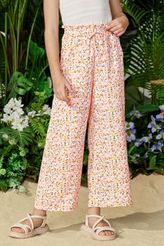 Image of Girls Summer Floral Wide Leg Pants High Waisted Flowy Dress Trousers with Pockets for School Lounge Beach 5-14 Years