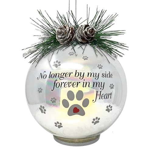 LED Lighted Pet Memorial Christmas Ornament with 4 Hour Timer - Message is 'No Longer by My Side' 4" D