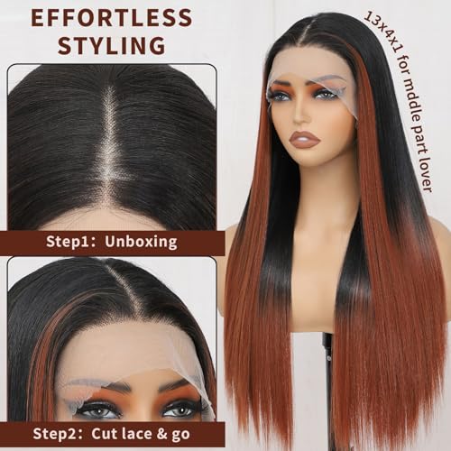 CLIONE Ombre Lace Front Wigs 24 Inch Long Straight Hair Wig For Black Women 2/30 Brown Ombre Highlight Straight Wigs Pre Plucked Synthetic HD Lace Front Wigs Wear and Go Glueless Wig for Beginners - Image 4
