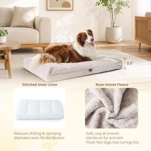 EGOHOME Dog Bed for Large Dogs, Shredded Memory Foam, Washable, Non-Slip | Balanced Support Foam, CertiPUR-US, Removable Washable Cover, Rose Velvet, Dog Crate Bed & Kennel Pad, 35 x 23 Inch, Beige - Image 3
