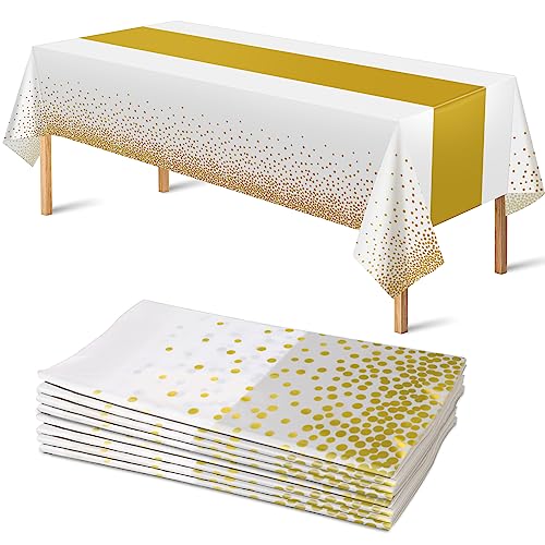 Image of OHOME 8 Pack Disposable Plastic Table Cloths for Parties,White and Gold Dot Rectangle Table Covers for Wedding Birthday Baby Shower BBQ First Communion Decorations 54 inch x 108 inch
