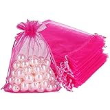 HRX Package Hot Pink Organza Bags 100pcs, 4 x 6 inch Mesh Drawstring Gift Bags Jewelry Pouches Small Sachet for Christmas Candy Party Favor