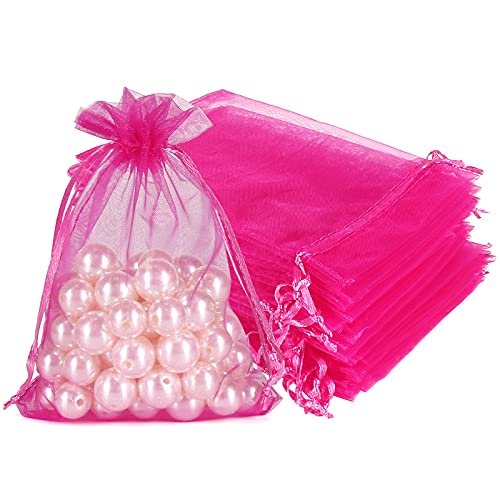 Image of HRX Package Hot Pink Organza Bags 100pcs, 4 x 6 inch Mesh Drawstring Gift Bags Jewelry Pouches Small Sachet for Christmas Candy Party Favor