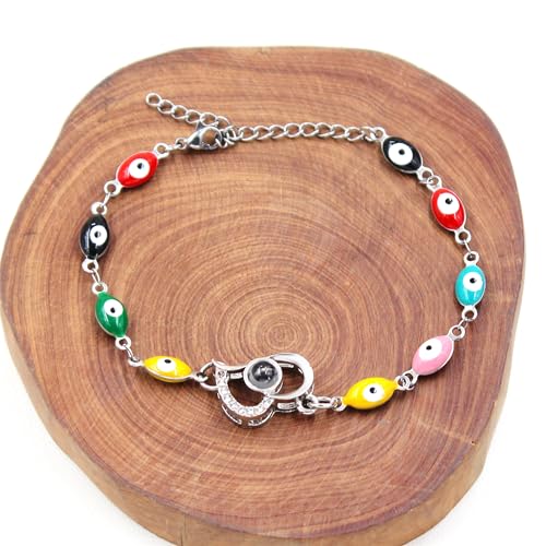 Image of 100 Languages I Love You Projection Heart Charm Evil Eye Chain Bracelet Adjustable Good Luck Jewelry Valentine's Day Anniversary Birthday Protection Gift for Women Mom Wife