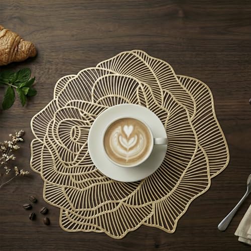 Image of Kuber Industries 4 Pcs Set Leather Side Table Mats | Reusable & Washable Placemat /Dining Table Mat for Wedding and Family Functions | Rose Design - Copper