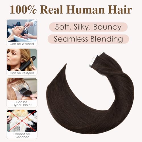 TESS Tape in Hair Extensions Human Hair 10 PCS #02 Dark Brown - 14 Inch Seamless Invisible Real Hair Extension Straight 20g - Image 2