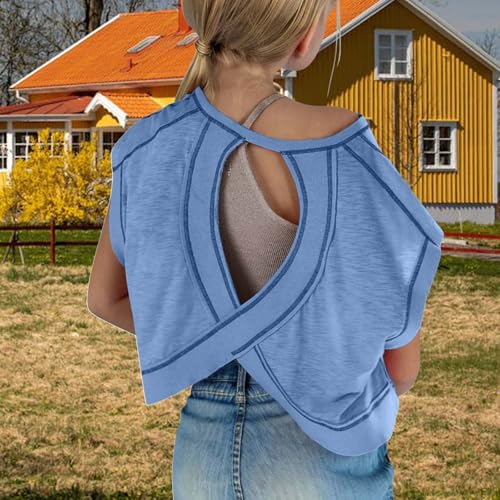 Little Girls Open Back Workout Top Teens Oversized Y2k Running Crop Tee Kids Backless Athletic Gym Yoga Short Sleeve T Shirts4