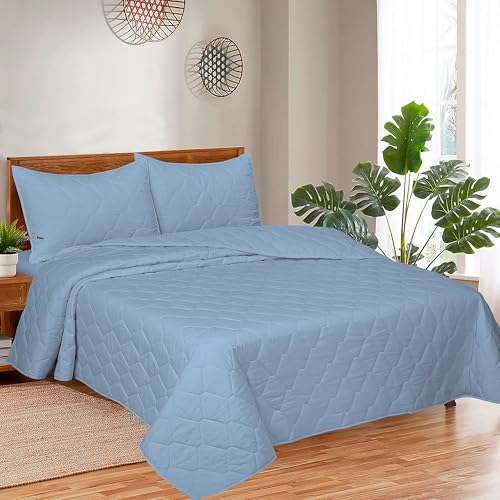 Image of ROYALE LINENS Twin Size 2 pc Quilt Set - Soft Lightweight 100% Microfiber Quilted Set - Solid Bedspread -Quilted Blanket Thin Comforter -Bedding Coverlets for All Seasons (Chambray, 1 Quilt- 1 Sham)