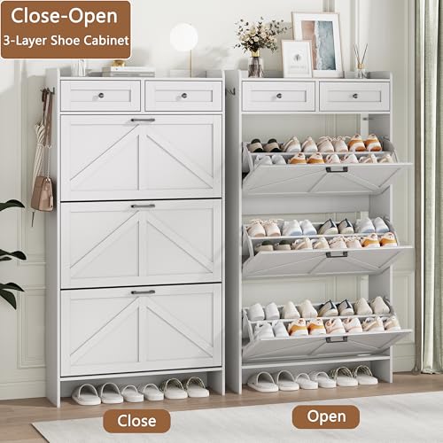 Image of Shoe Cabinet with 3 Flip Drawers & 2 Top Drawers, 57 inch Tall Freestanding Narrow Wooden Shoe Storage Organizer for Entryway, Hidden Slim Shoe Rack for Front Door Entrance, Hallway, Living Room, White