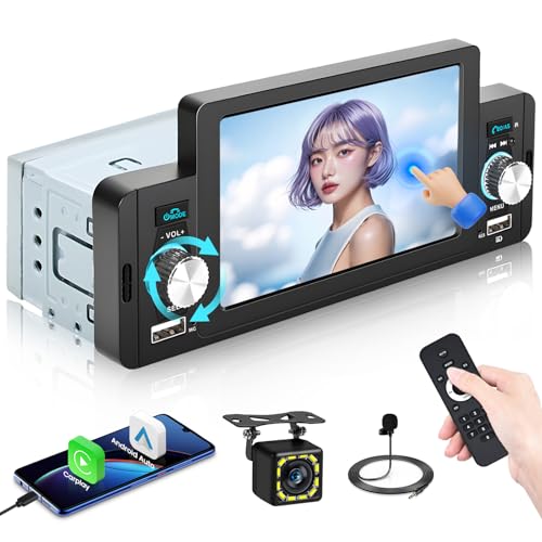 Hikity CarPlay Android Auto Wired, Autoradio Coche 1 DIN, 5'' Pantalla Tácti Estéreo, Bluetooth Manos, Libres Mirror, FM Radio, USB SWC, Cámara Visión Trasera & Control Remoto