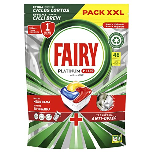 Fairy, Platinum Plus Todo en Uno Pastillas Lavavajillas, 48 cápsulas Lavavajillas, Limpieza Profunda y Extra Brillo, Fragancia limón