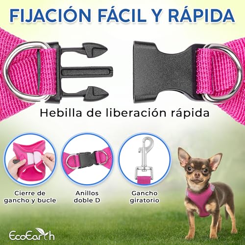 Arnés para perro + correa - Grande, rosa - Arnés para mascotas de diseño acolchado suave + antitirones + tiras reflectantes para perros pequeños y medianos - por EcoEarth - imagen 4