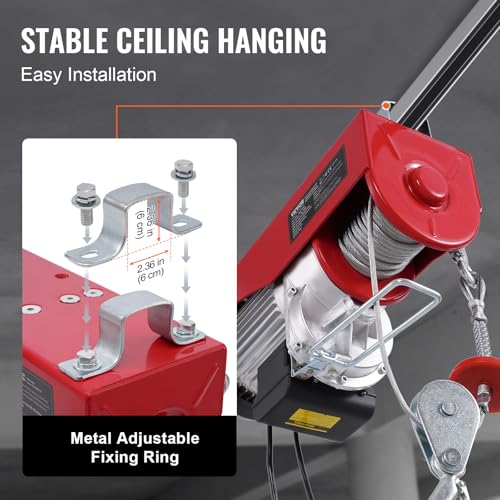 VEVOR Elektrische Seilwinde, 1200 kg Motorwinde mit 4,2 m kabelgebundener Fernbedienung, 12 m Hubhöhe mit Einzelkabel, Einzel-/Doppelschlingen, Not-Aus, Hebezeug für Garage, Lager, Fabrik