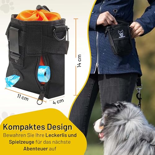 Hundefreund Leckerlibeutel für Hunde – Kleiner Futterbeutel fürs Hundetraining mit 4 Tragevarianten & 4 Fächern – Leckerlitasche mit Kotbeutelspender, wasserabweisend (14 x 11 x 4 cm)