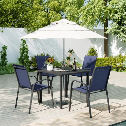 Image of HAPPATIO Outdoor Patio Dining Set, 4 Quick Dry Textilene Dining Chairs and Square Dining Table with Umbrella Hole, Stackable Textilene Chairs for Garden, Patio and Poolside Backyard,Navy