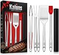 Kaluns Best BBQ Grilling Tools - Grill Set - Heavy Duty Thick Stainless Steel Utensils 5 Piece, Tong, Fork, Spatula, Basting Brush Extra Long Grill Accessories Premium Gift Box Package