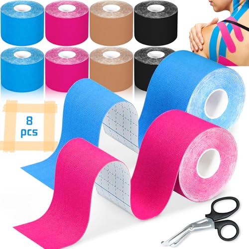 DAJWJAN 8 Rollos de Kinesio Tape – Tape Deportivo 5m x 5cm con Tijeras