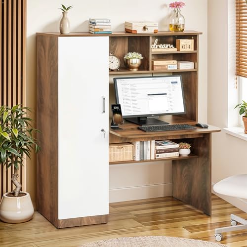 Image of ABOUT SPACE Study Table with Hutch & Cabinet - Computer Table with Top Bottom Storage DIY Engineered Wood Office Desk with Adjustable Shelves Cable Management (Walnut, White - L 119 x B 60 x H 153cm)
