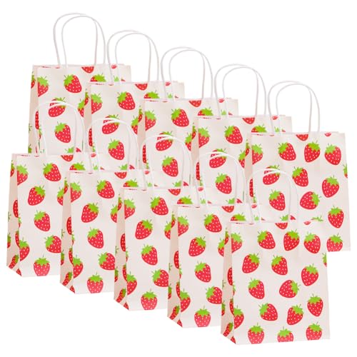 12 bolsas de regalo de fresa, bonitas bolsas de fresa impresas, bolsas de papel de frutas, bolsas de golosinas de frutas, bolsas de regalo de fiesta de cumpleaños con asas