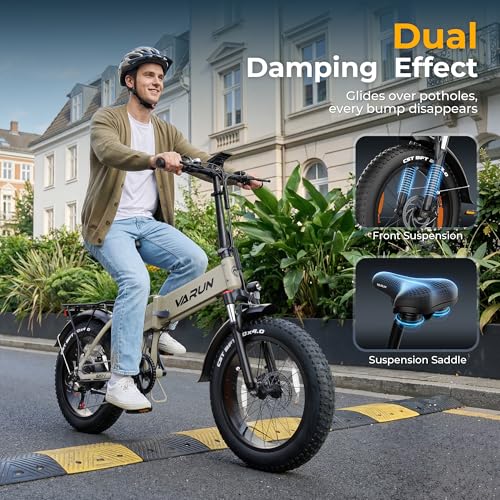 Image of VARUN Electric Bike - 1000W Peak Motor, 25MPH, 60+ Miles, 20 inch * 4.0 inch Fat Tire Foldable Ebike with 48V 13 Ah Battery Lightweight Aluminum Frame E-Bike for Adults with Front Suspension /Full Suspension