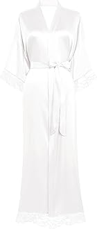 Satin Kimono Robe Silky Long Bridesmaid Wedding Lightweight Bath Robe with Lace Trim