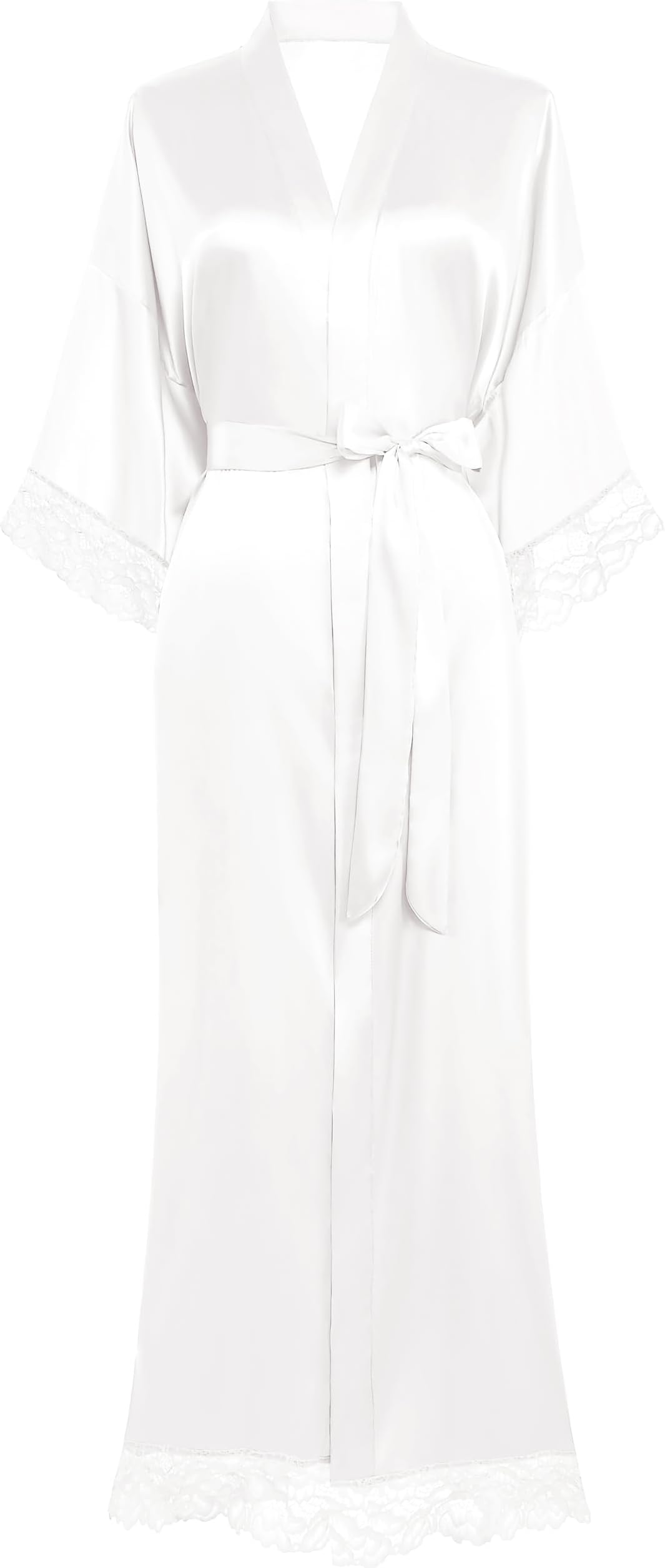 Satin Kimono Robe Silky Long Bridesmaid Wedding Lightweight Bath Robe with Lace Trim