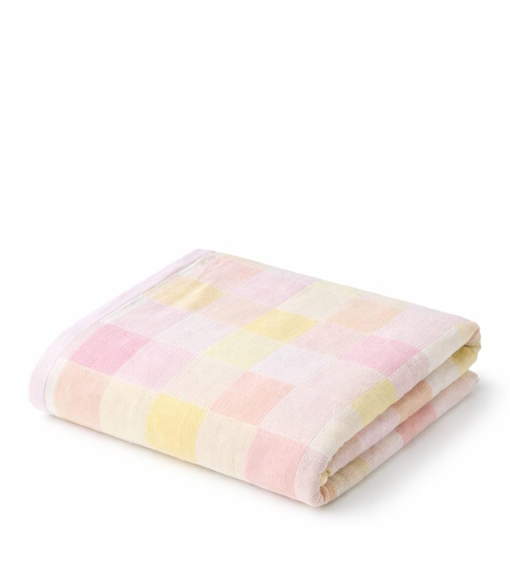 Hi mom Soft Muslin Baby Towel, Pastel Checkered Print, Pink and Yellow (50X 100)-image-6