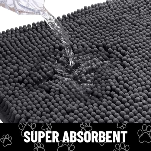 Image of Smiry Dog Door Mat for Muddy Paws, Absorbent Dirt Trapper Non Slip Quick Dry Washable Chenille Mat for Mud Dogs, Entry Rug for Indoor and Outdoor (40x32 Inches, Dark Grey and White)