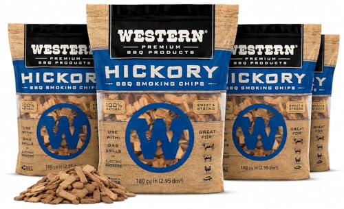 Western Hickory BBQ Smoking Chips 4 Pack 100% Real Wood for Grilling & Smoking Mildly Sweet Rich Smoke Flavor Perfect for Pork Bacon Sausage Pork Shoulder Chicken & Beef (Hickory)