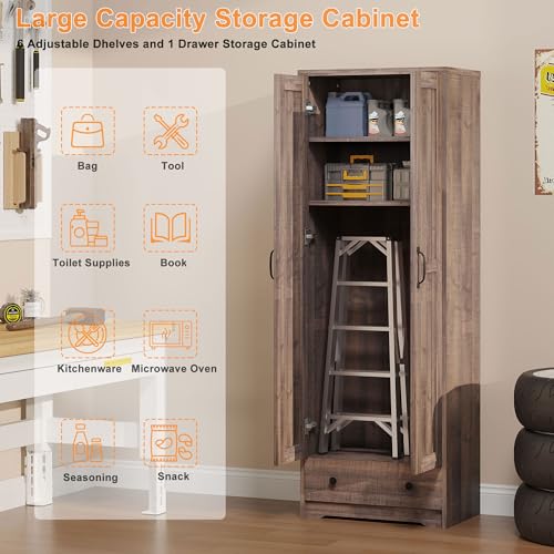 Image of Decofy 70 inch Tall Storage Cabinets, Large Wood Storage Pantry Cabinet with 6 Adjustable Shelves, 2 Striped Doors & Drawer, Standing Utility Cabinet for Kitchen, Bathroom, Dining Room, Antique (Brown)