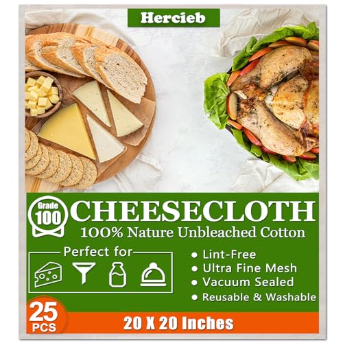 Image of 25 Pcs Cheese Cloths, SGS Tested 100% Unbleached Cotton, 20x20 Inch Grade 100 Reusable Cheese Cloth With Ultra-Fine Mesh, Reusable Muslin Cheesecloth for Straining,Juicing,Cooking Turkey, Baking