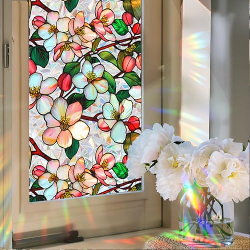 Image of JOONOR Crabapple Blossom Flower Sunroof Film Floral Rainbow Effect Static Clings Window Privacy Film Sun Protection Stained Glass Decals for Car Moonroof & Side Windows, 17.72 x 35.43 Inch
