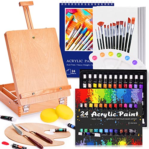 Acrylic Paint Set, 49 Piece Easel Art Set, Artist Painting Set with Wood Tabletop Easel, 24 Acrylic Paints, 12 Paint Brushes, Canvas, Knives, Painting Supplies for Artists