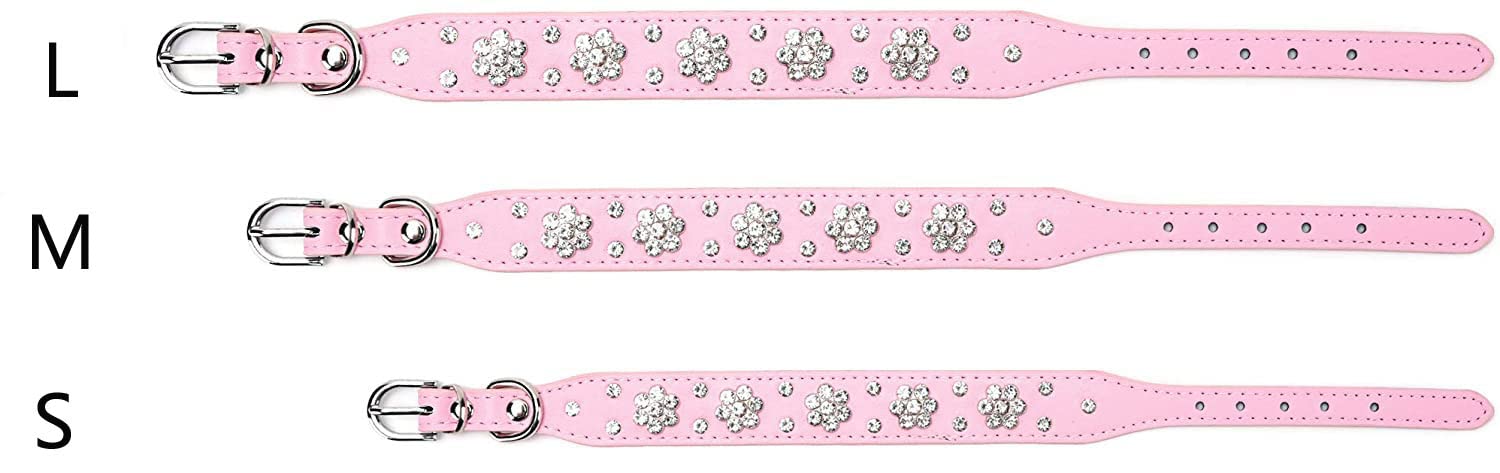 Collar de perro con diamantes de imitación, bonito collar de perro con diamantes de imitación, collar de piel sintética, tamaño ajustable, tamaño pequeño, mediano y grande (S: 21-27 cm, rosa)