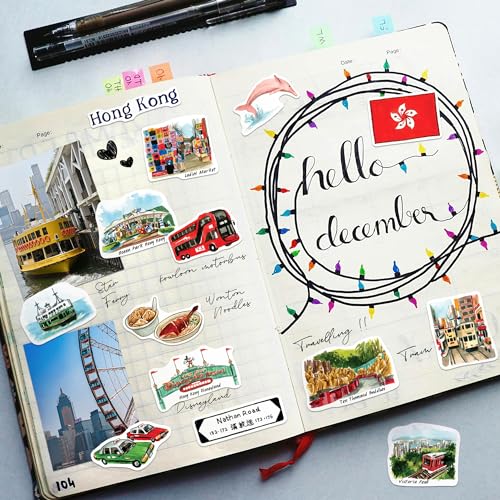 Navy Peony Kosmopolitische Hong Kong Reiseaufkleber (28 Stück) - Aquarell, Hongkie-Themen Urlaubsaufkleber für Tagebücher, Scrapbooks, Gepäck, Wasserflasche