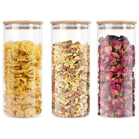 Lawei 3 Pack Glass Storage Jars with Sealed Bamboo Lids - 1500ml Clear Glass Bulk Food Storage Canister for Serving Tea Coffee Spice Candy Cookie Cover