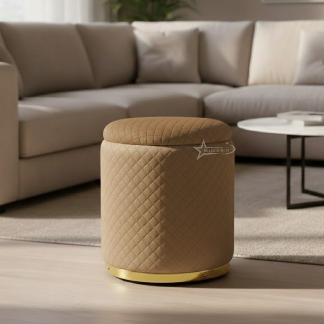 Premium Round Storage Ottoman Stool 16 X 16X 19 inch, with Gold Metal Base | Luxury Pouffe with Hidden Storage | Cushioned Footrest for Living Room, Bedroom & Lounge Coffee-image-10