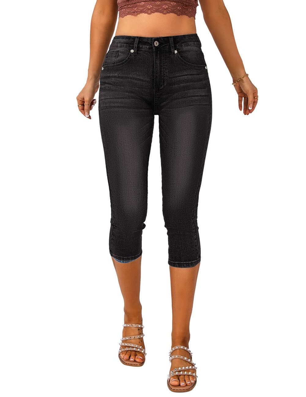 Vetinee Women's High Waisted Casual Ripped Skinny Slim Fit Stretch Denim Capri Jeans