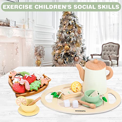 Asweets Wooden Tea Set For Little Girls,Tea Party Set Play Kitchen Accessories For Kid Playset Pretend Toddler Tea Set Toy #TOP5