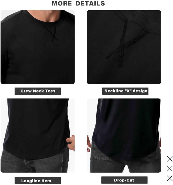 Mens 3 Pack Cotton Hipster Longline T Shirts Curved Hem Plain Hip Hop Short Sleeve Tee Fitted Casual Drop Cuts Crewneck - Image 6
