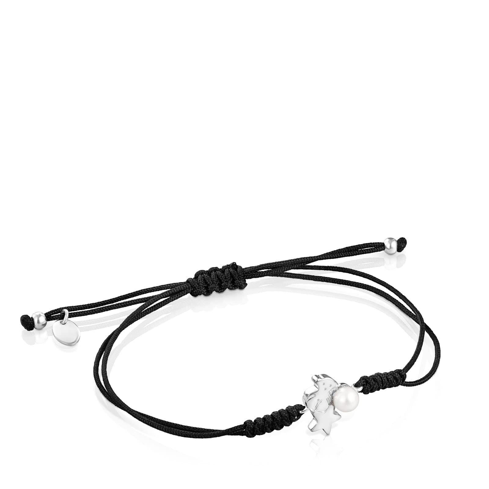 TOUS Pulsera de Cuerda Negra para Mujer con Motivo en Plata de Primera Ley y Perla, 23 cm de Largo, Delicado y Elegante, Colección Nocturne