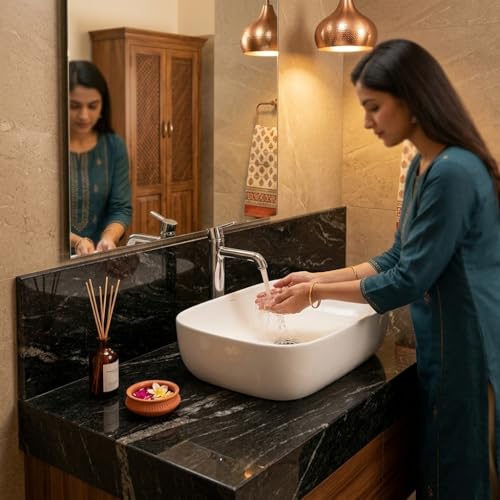 Image of Ceramic Tabletop Wash Basin - Glossy Rectangular Countertop Vessel Sink with Marble Finish for Bathroom & Vanity | Compact 18 x 13 x 5 Inch | Elegant Washbasin