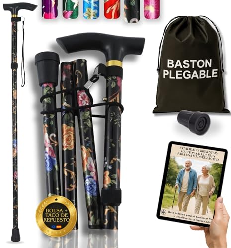 Imagen de Super Pack Bastón Plegable + Bolsa Transporte + Taco Antideslizante Repuesto Bastones para Mayores Ajustables en Altura Aluminio Ultraligero Evita Caídas y Camina con Seguridad