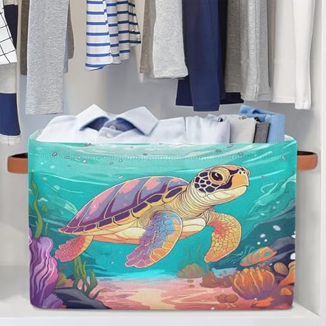 Storage Baskets for Shelves Cartoon Sea Turtle Tortoise Foldable Decorative Storage Basket Bins with Handles Storage Basket Box for Home, 1 Pcs