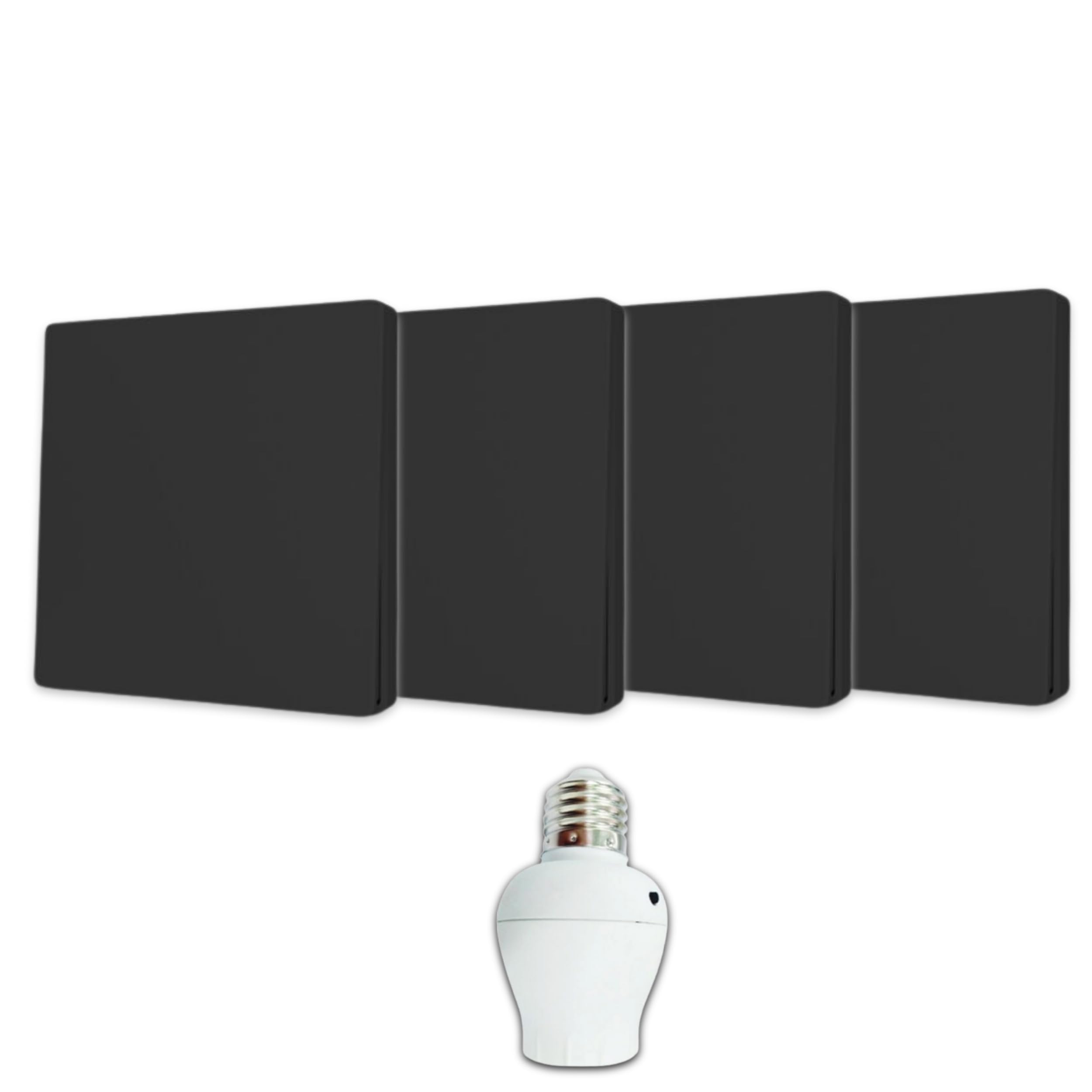 Interrupteur sans fil et sans pile Auto alimenté Noir - Écologique - Qualité Pro - Va et vient RF - KIT 4 télécommande mural + 1 Douille à vis E27 Adaptateur Radio - Longue Distance - 200 m