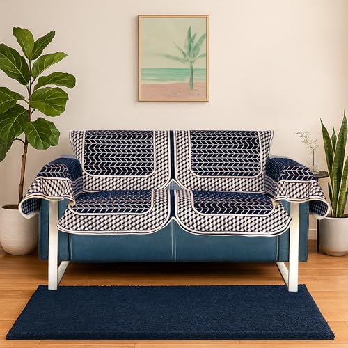 Image of Premium Chenille Woven Anti-Slip 2 Seater Sofa Cover with Arm Rest | L-Shape Sofa Seat Protector for Living Room | Durable & Stylish Slipcover - Navy Blue - 3D