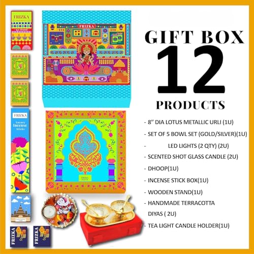 Image of Frizka Gift Box | 12 Premium Products | Urli, Candles, Dhoop, Incense Stick, Diya's, Silver Bowl | Luxury Hamper for Family, Friends & Corporate Gifting, Birthday, Wedding Hamper, Wedding