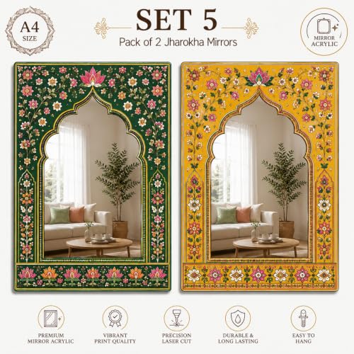 Image of American Elm Pack of 2 Jharokha Mirror Wall Decor for Home Decor Living Room Indian Floral Arch Acrylic Mirror Wall Hanging